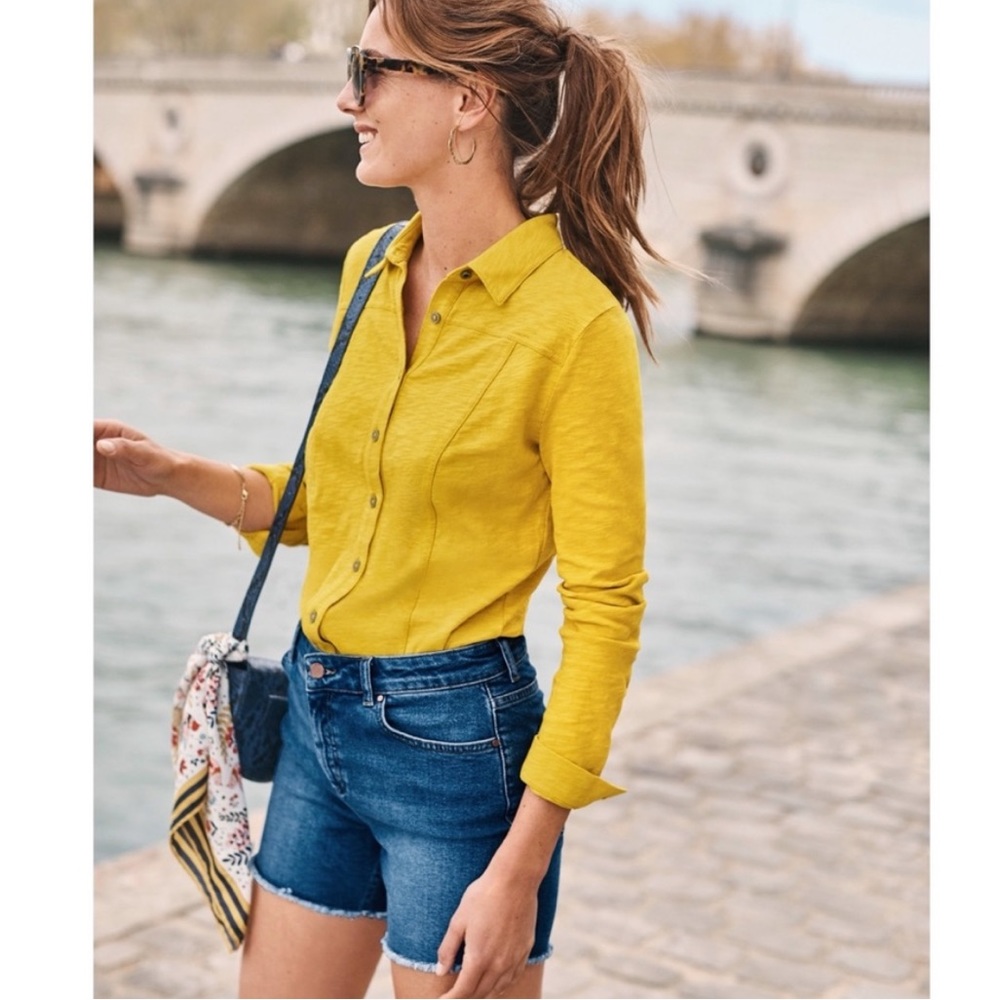 BODEN Tara Jersey Knit Button Down Shirt Top Mustard Yellow Sz 2P